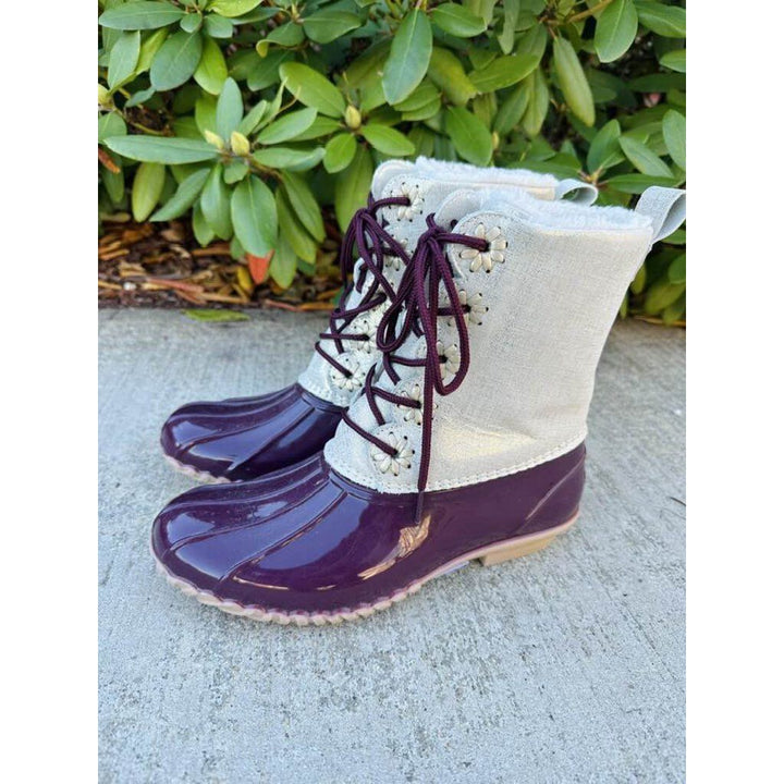 Jack Rogers Scalloped Chloe Boot in Burgundy & Off-White Metallic - Size 9