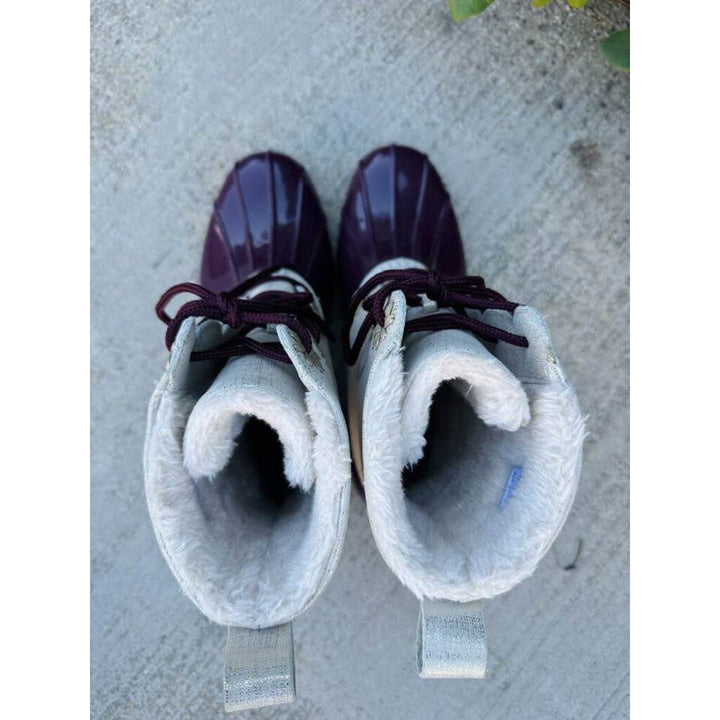 Jack Rogers Scalloped Chloe Boot in Burgundy & Off-White Metallic - Size 9
