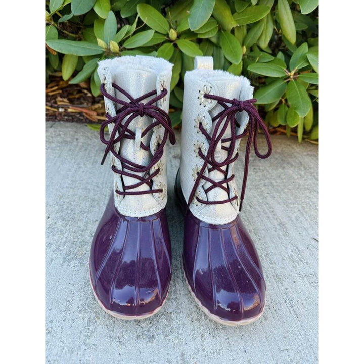 Jack Rogers Scalloped Chloe Boot in Burgundy & Off-White Metallic - Size 9