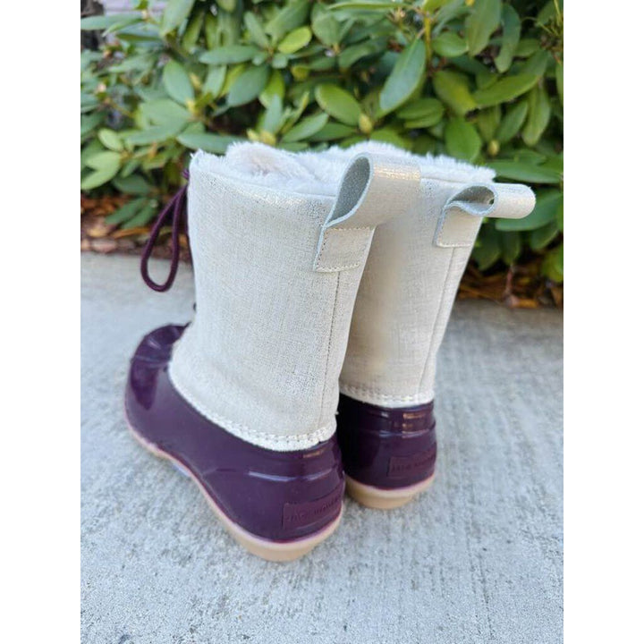 Jack Rogers Scalloped Chloe Boot in Burgundy & Off-White Metallic - Size 9