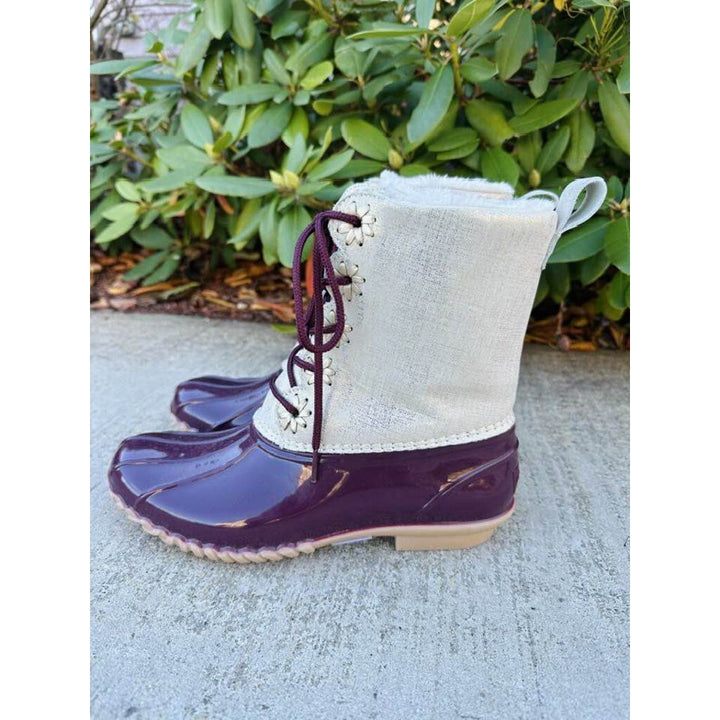 Jack Rogers Scalloped Chloe Boot in Burgundy & Off-White Metallic - Size 9