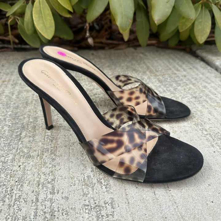 Gianvito Rossi Ilenia Crisscross Leopard-Print PVC & Leather Mules - Size 38.5