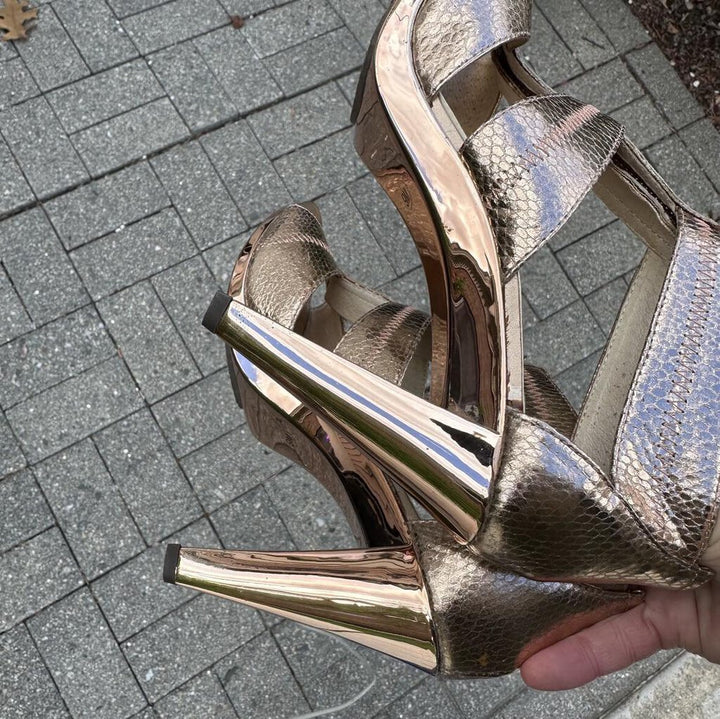 Michael Kors Berkley T Strap Rose Gold Python Printed Sandal - Size 9