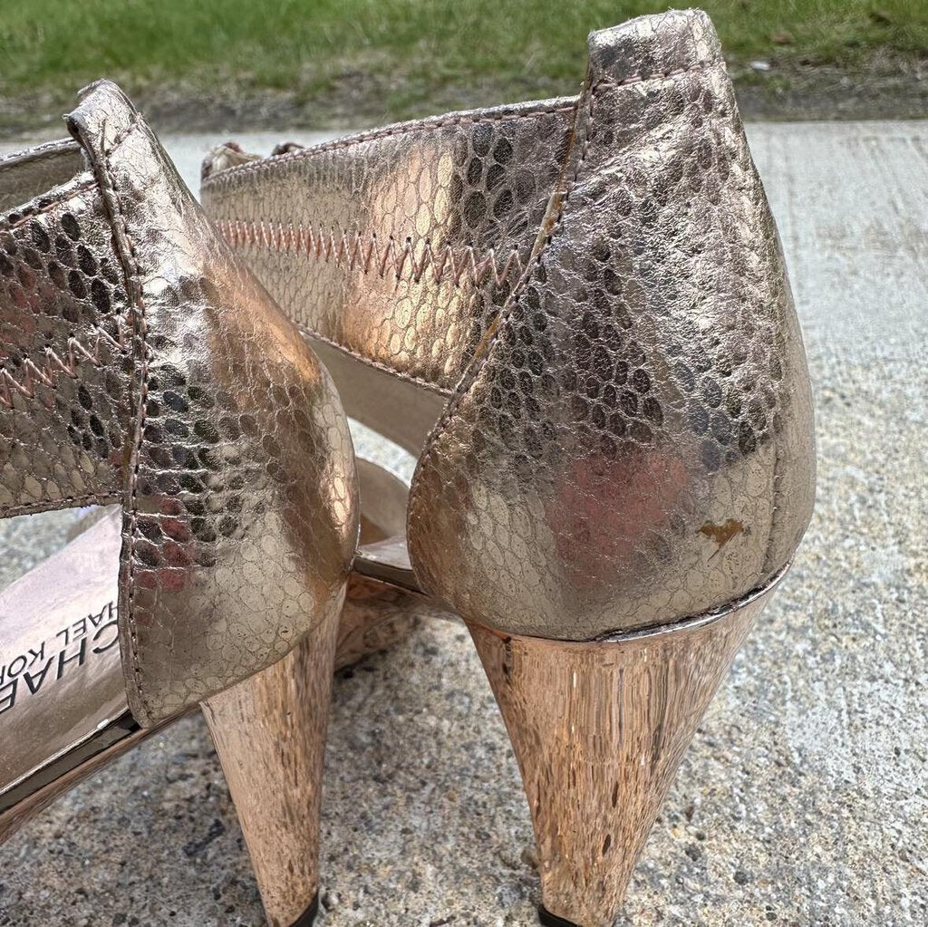 Michael Kors Berkley T Strap Rose Gold Python Printed Sandal - Size 9