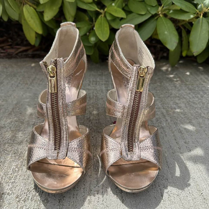 Michael Kors Berkley T Strap Rose Gold Python Printed Sandal - Size 9