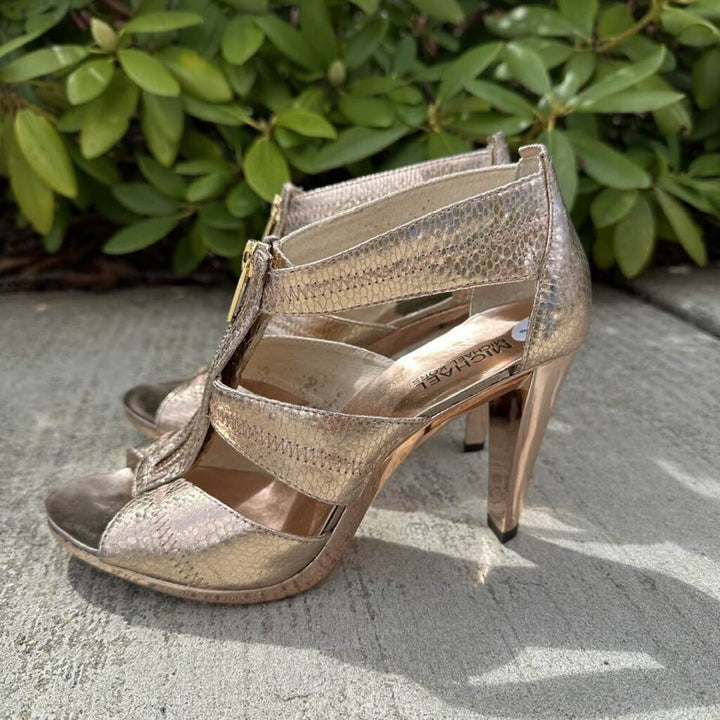 Michael Kors Berkley T Strap Rose Gold Python Printed Sandal - Size 9
