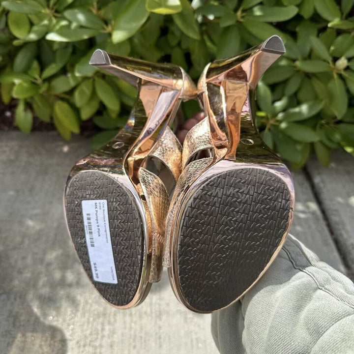 Michael Kors Berkley T Strap Rose Gold Python Printed Sandal - Size 9