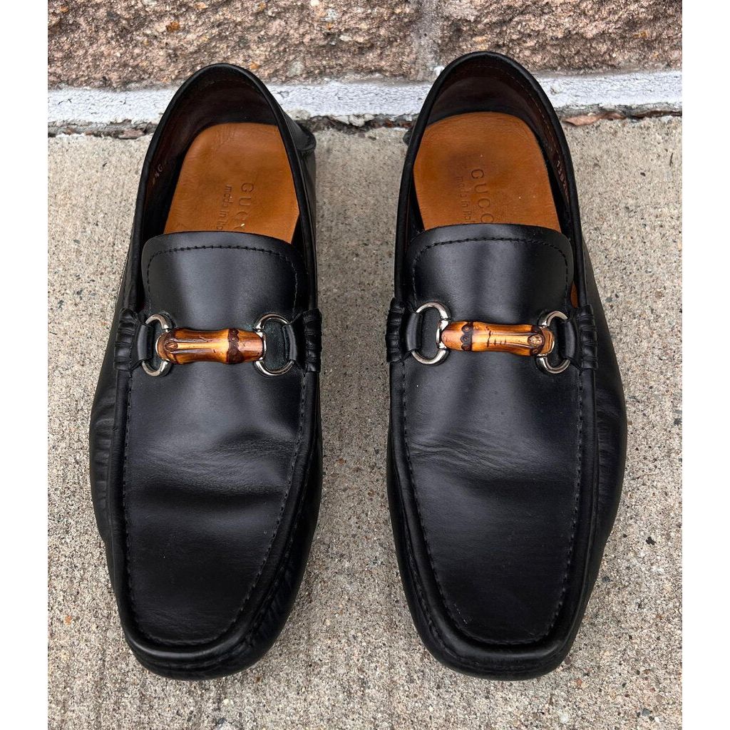 「高評価！」注目のレビュ Horsebit Bamboo Leather Black Gucci Loafers 8.5 Size - 靴