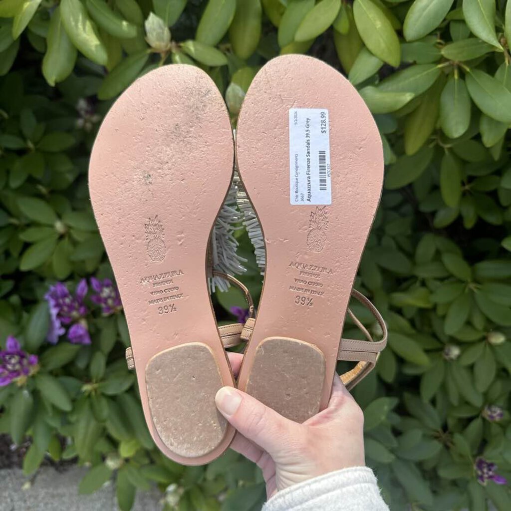 Aquazzura Firenze Leather Fringe Trim Accent T-Strap Sandals - Size 39.5