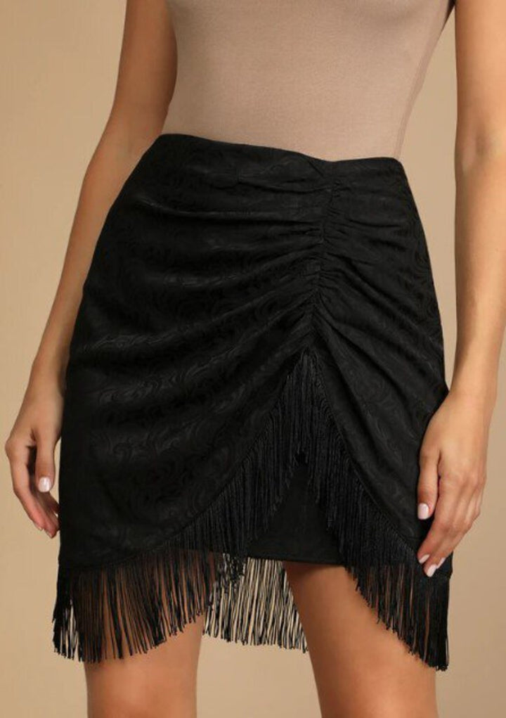 Lulu's Secret Speakeasy Black Jacquard Fringe Mini Skirt - Size Large