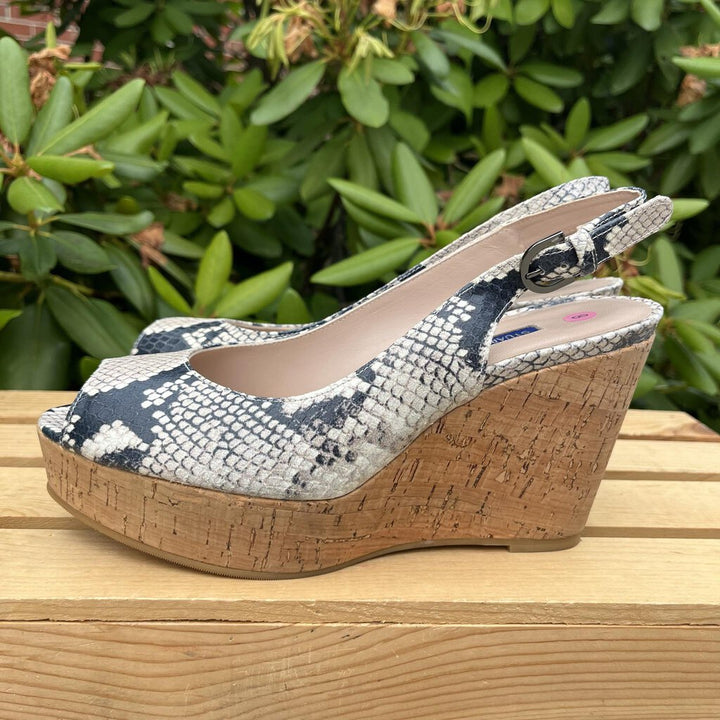 Stuart Weitzman Jean Snake-Embossed Leather Slingback Wedge Sandal - Size 8