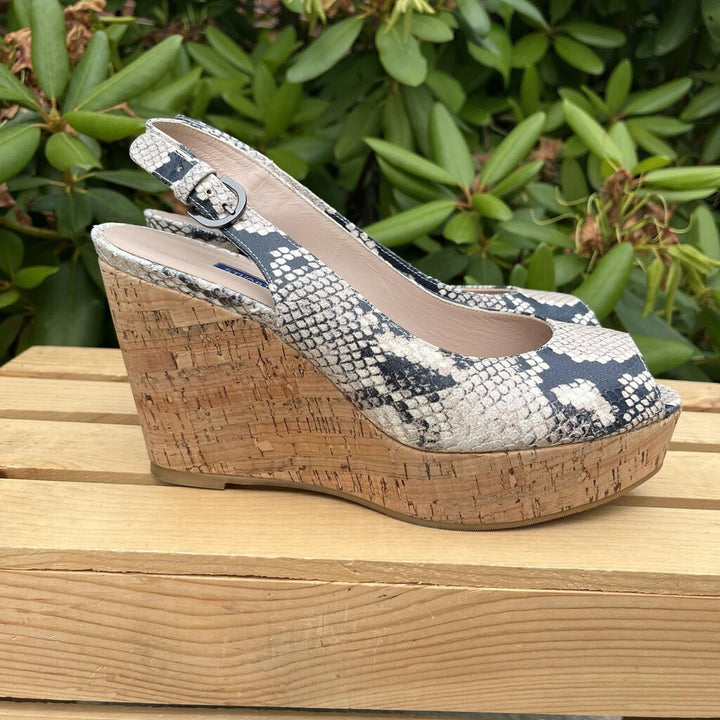 Stuart Weitzman Jean Snake-Embossed Leather Slingback Wedge Sandal - Size 8