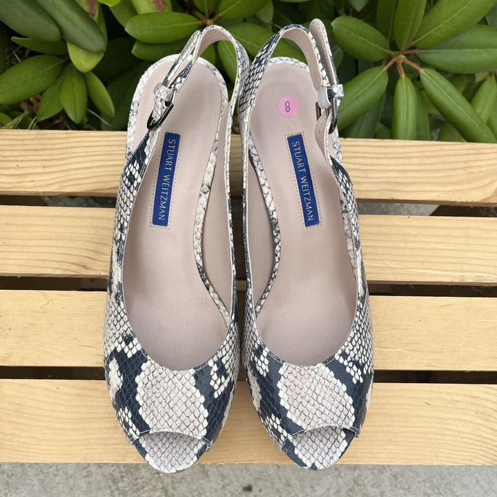 Stuart Weitzman Jean Snake-Embossed Leather Slingback Wedge Sandal - Size 8