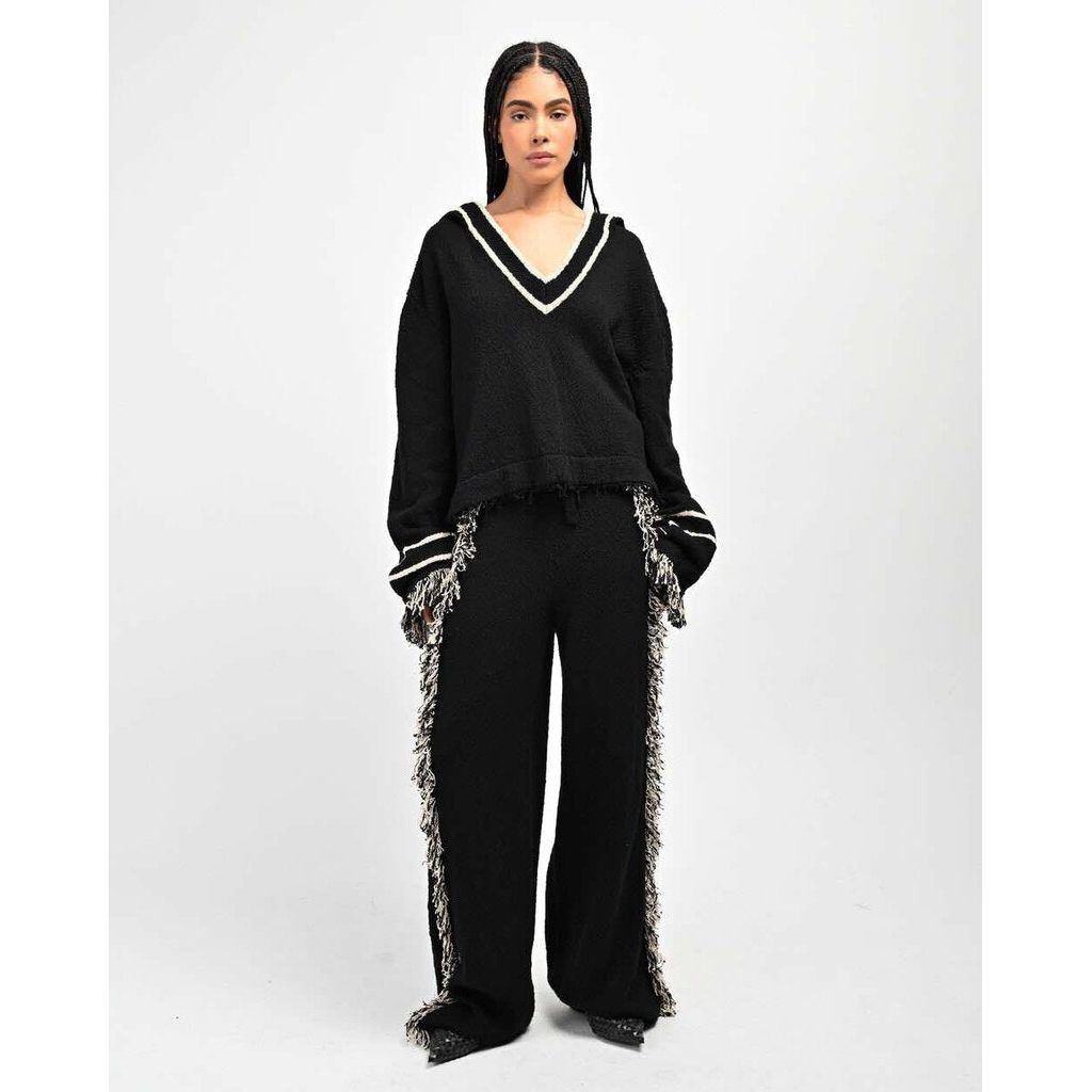 Aseye Studio NWT Andy Fringe Knit Hoodie in Black And Oatmeal - Size Medium
