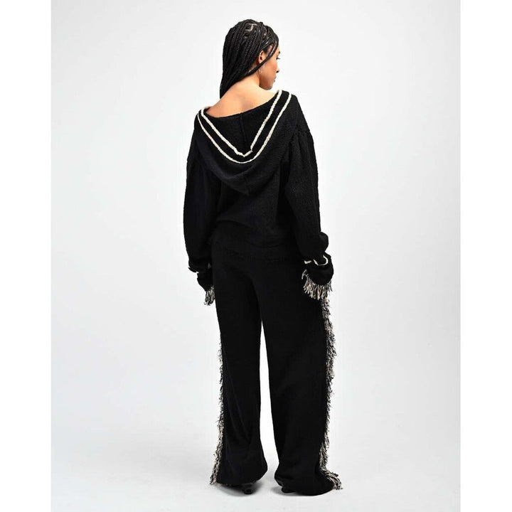 Aseye Studio NWT Andy Fringe Knit Hoodie in Black And Oatmeal - Size Medium