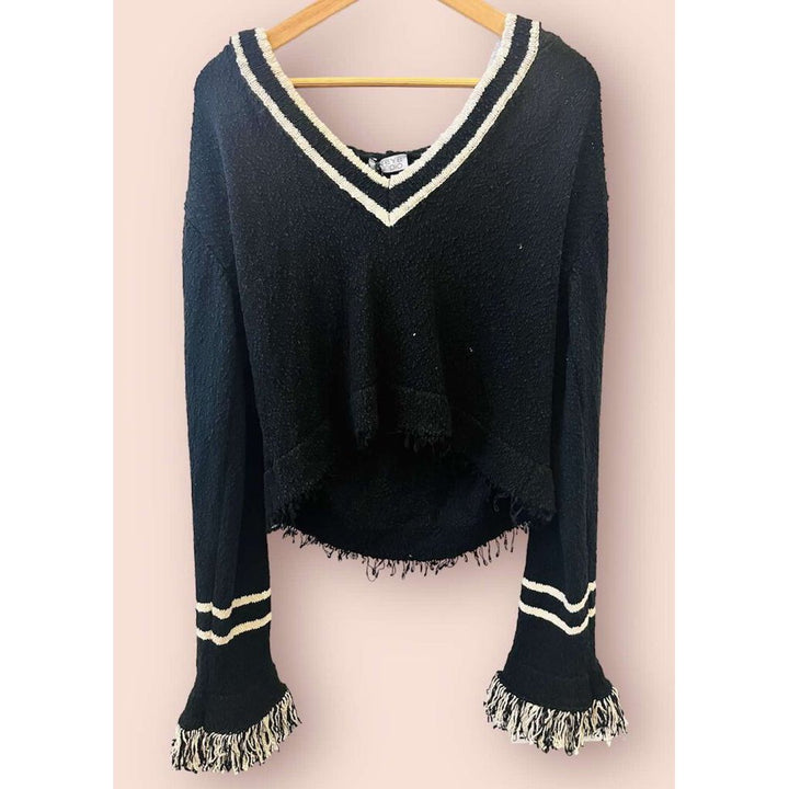 Aseye Studio NWT Andy Fringe Knit Hoodie in Black And Oatmeal - Size Medium