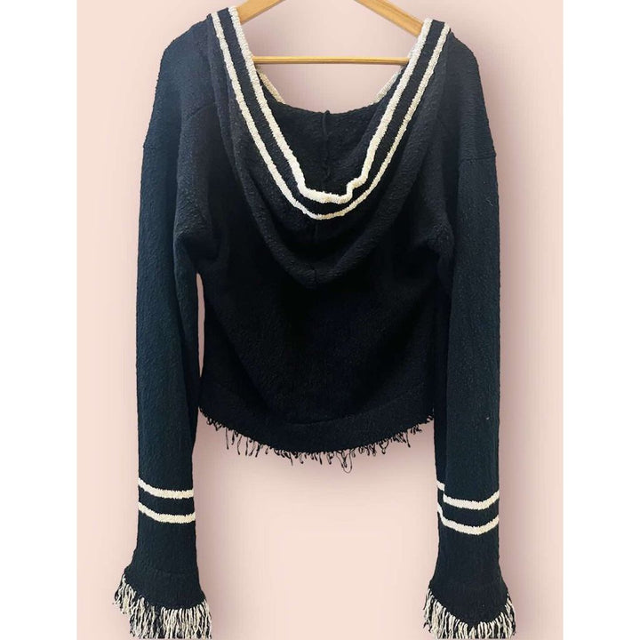 Aseye Studio NWT Andy Fringe Knit Hoodie in Black And Oatmeal - Size Medium