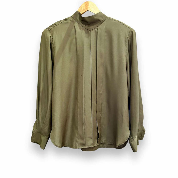 Christian Dior Vintage Chemises Olive Green High Neck Blouse Button Back - Size 14