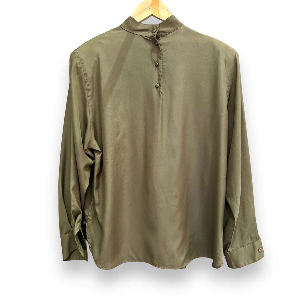 Christian Dior Vintage Chemises Olive Green High Neck Blouse Button Back - Size 14