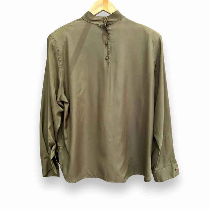 Christian Dior Vintage Chemises Olive Green High Neck Blouse Button Back - Size 14