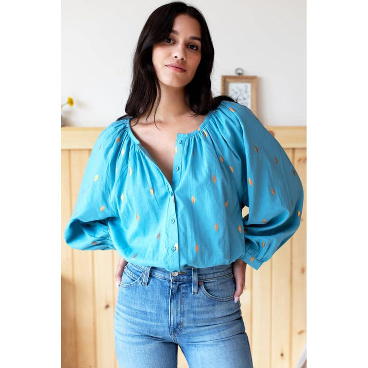 Emerson Fry India Collection Frances Blouse in Gold Leaf Delphinium - Size Small