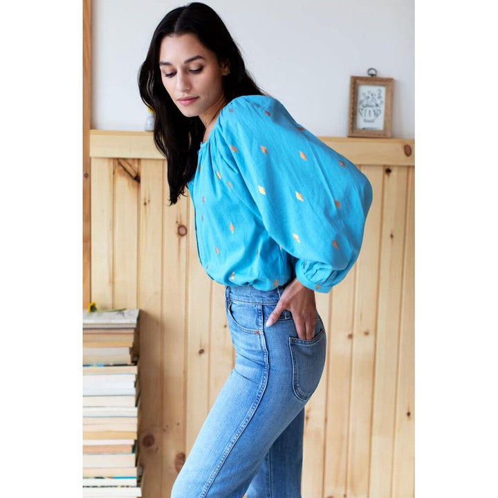 Emerson Fry India Collection Frances Blouse in Gold Leaf Delphinium - Size Small