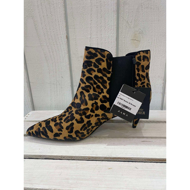 Zara NWT Leopard Calf Hair Chelsea Ankle Boots - Size 38