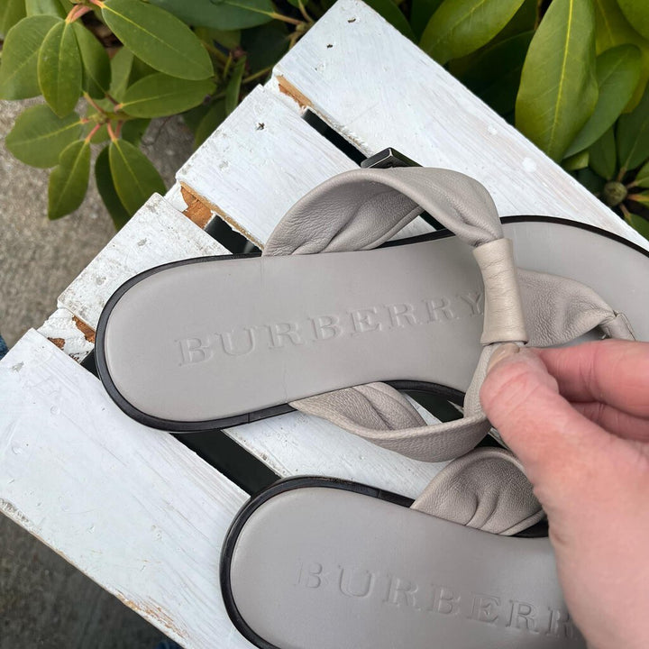 Burberry Leather Thong Flat Logo Sandals - Size 37
