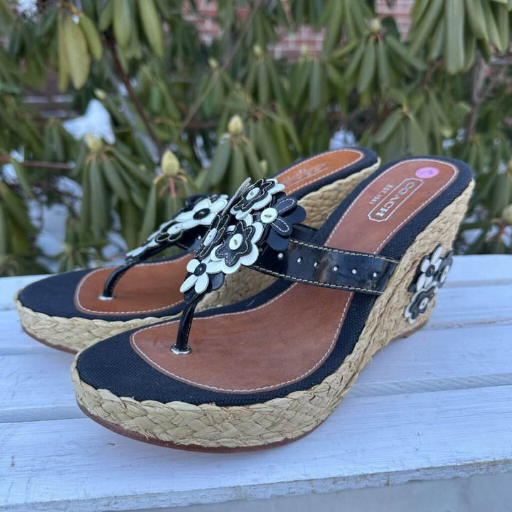 Coach Floral Leather Espadrille Jesica Wedge Sandals - Size 8.5