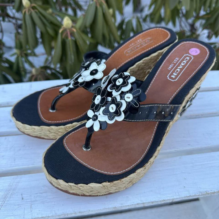 Coach Floral Leather Espadrille Jesica Wedge Sandals - Size 8.5