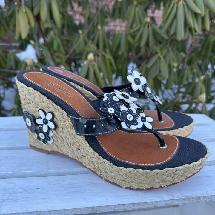 Coach Floral Leather Espadrille Jesica Wedge Sandals - Size 8.5