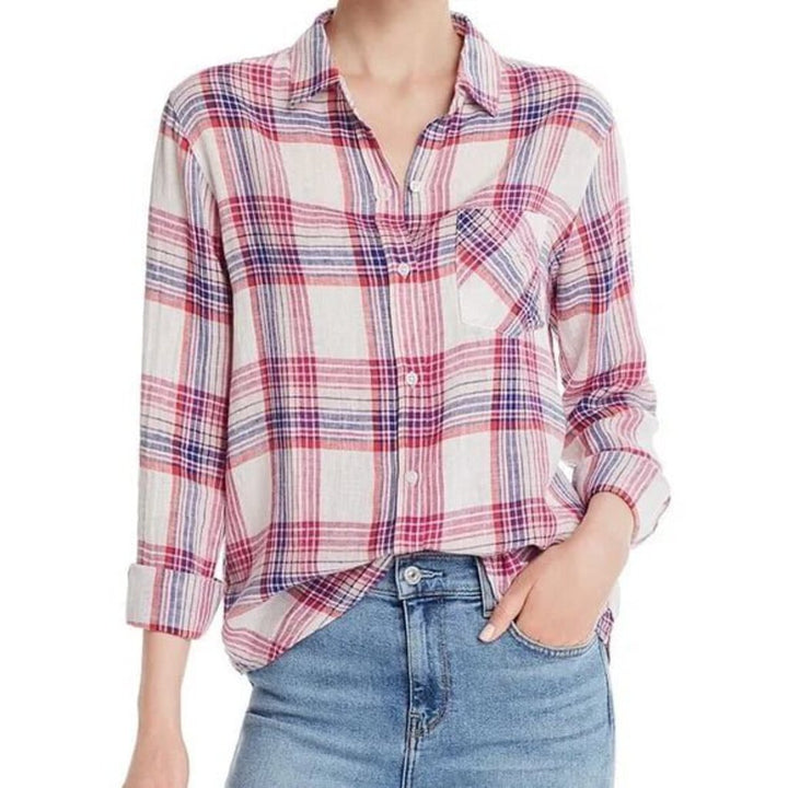 Rails Charli Button Down in White Peach Fuschia - Size XS