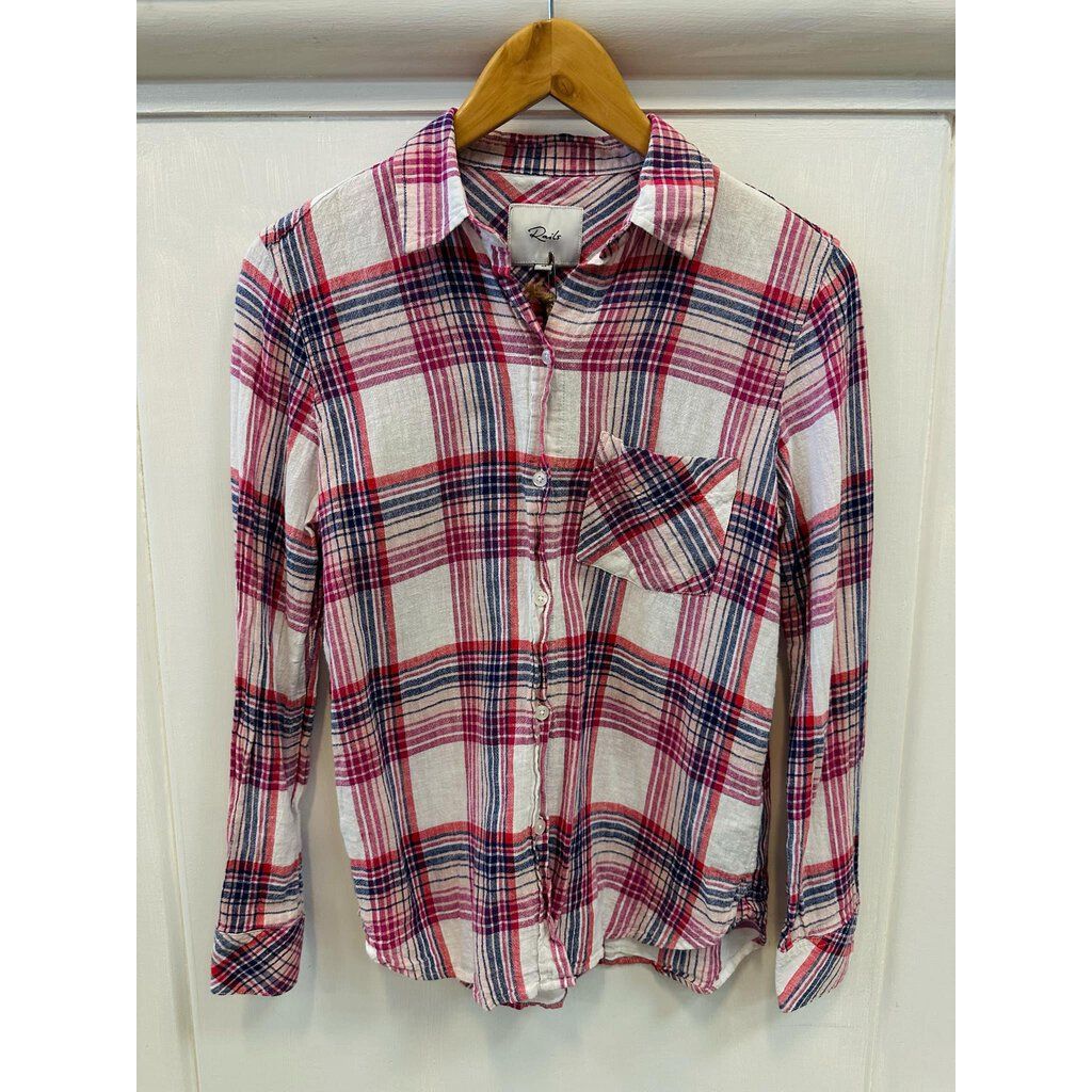 Rails Charli Button Down in White Peach Fuschia - Size XS