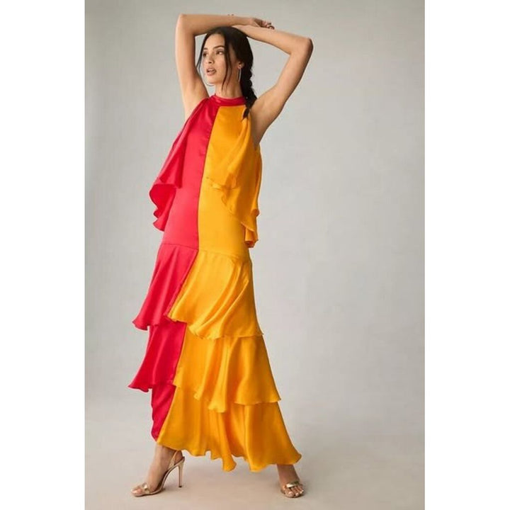 Pinnacle By Shruti Sancheti NWT Mock-Neck Colorblock Ruffle Dress - Size XS