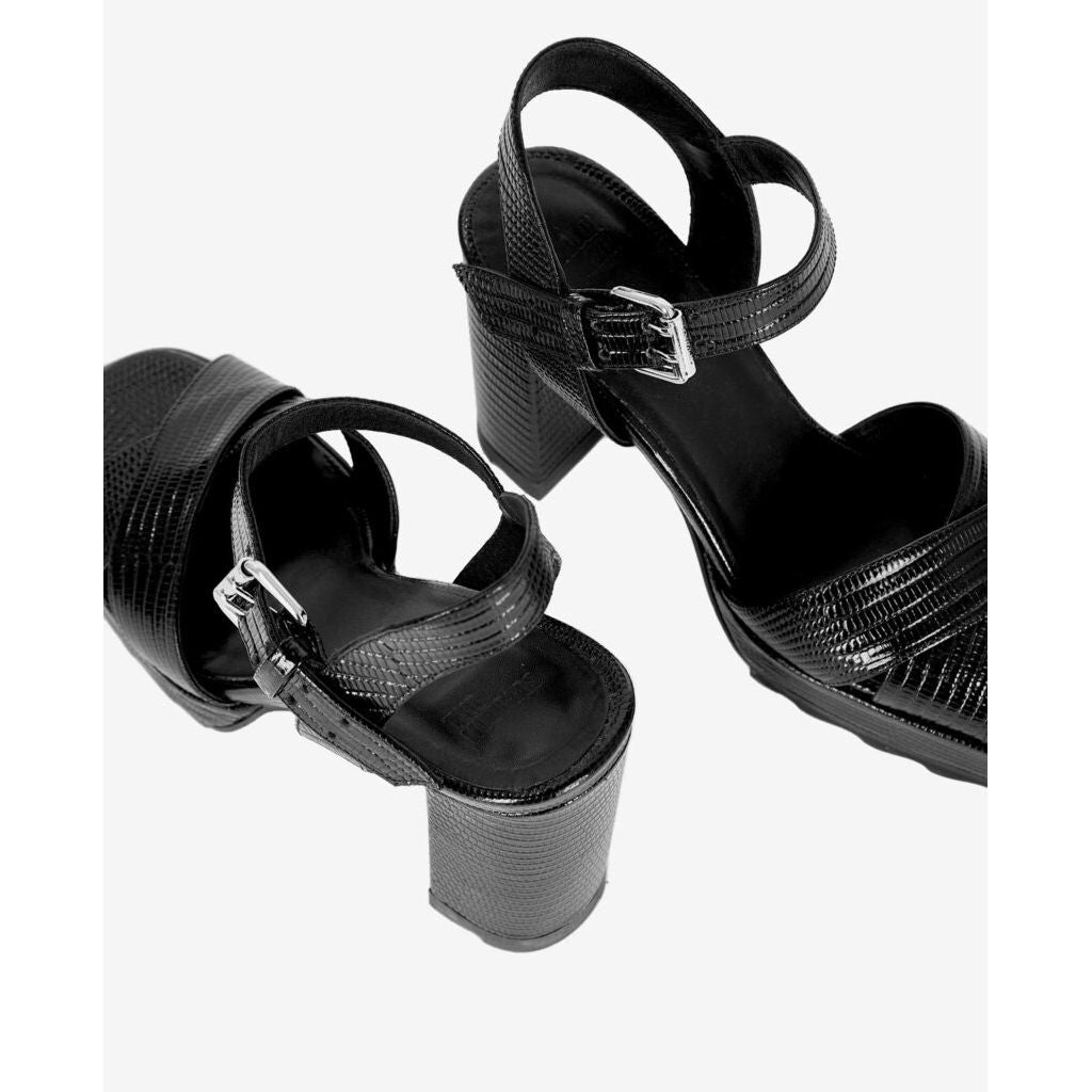 The Kooples Black Lizard Effect Leather Heeled Sandals - Size 38