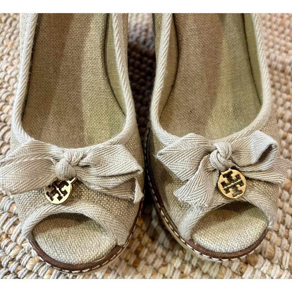 Tory Burch Jackie Canvas Pep-Toe Espadrille Wedge Sandals - Size 8