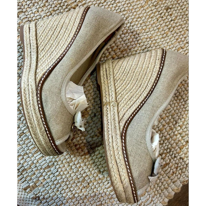 Tory Burch Jackie Canvas Pep-Toe Espadrille Wedge Sandals - Size 8
