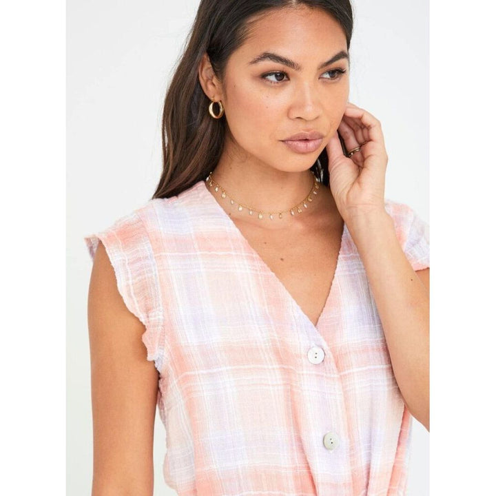 Bella Dahl Button Front Ruffle Sleeve Dress in Coral Plaid - Size XS