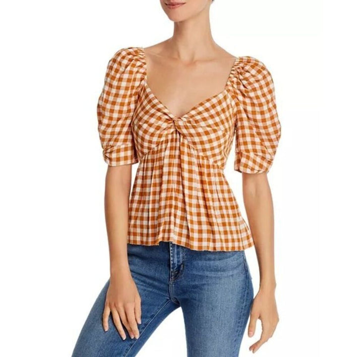 Saylor Glenny Gingham Puff-Sleeve Top - Small