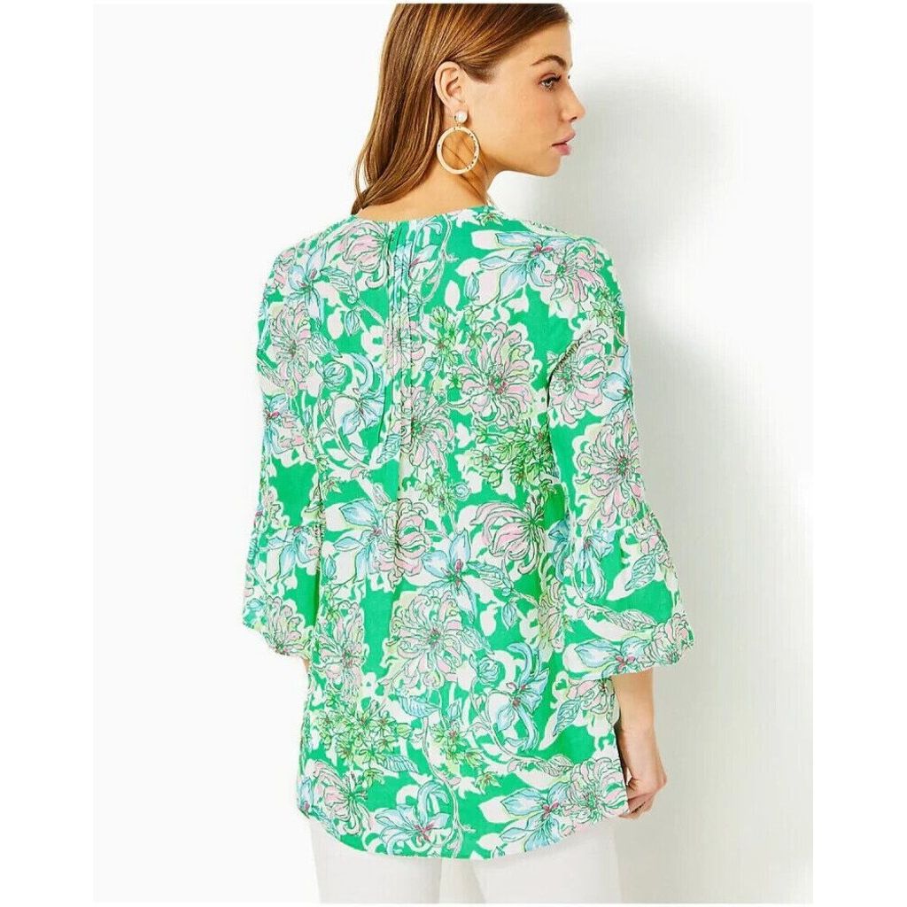 Lilly Pulitzer Hollie Linen Tunic in Spearmint Blossom View Green Pink - Size XS