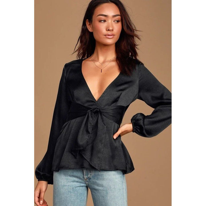 Lulus NWT Grand Entrance Black Satin Tie-Front Top - Size Small