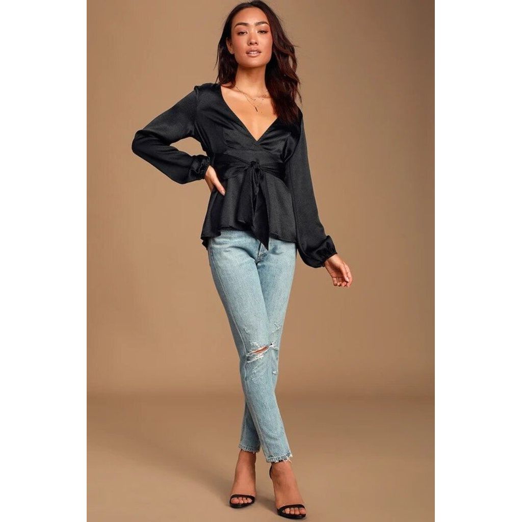 Lulus NWT Grand Entrance Black Satin Tie-Front Top - Size Small