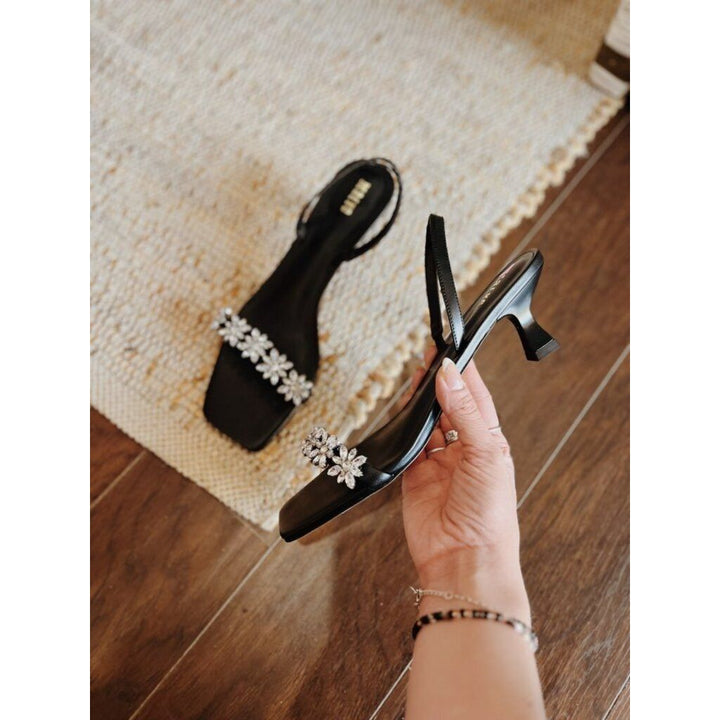 Maeve Gem Floral Leather Kitten Heels - Size 8