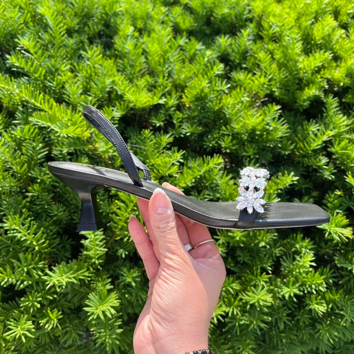 Maeve Gem Floral Leather Kitten Heels - Size 8