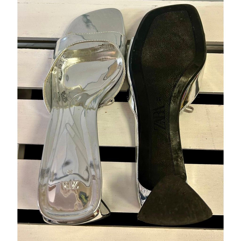 Zara Metallic Square Toe Block Heel - Size 36