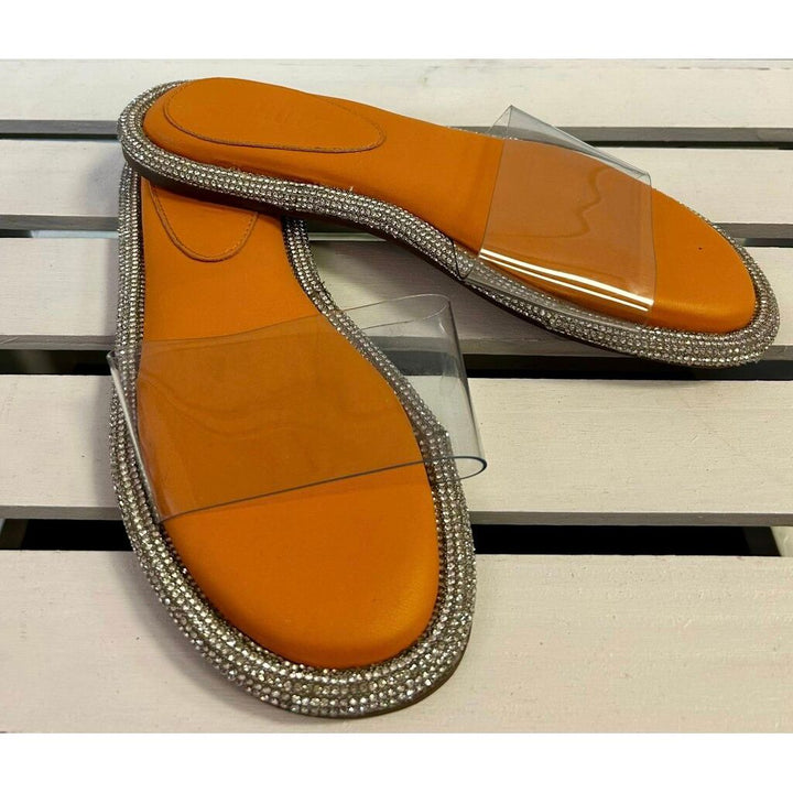 Schutz Alicina Slide in Bright Tangerine Orange Silver Crystal Sandal - Size 26