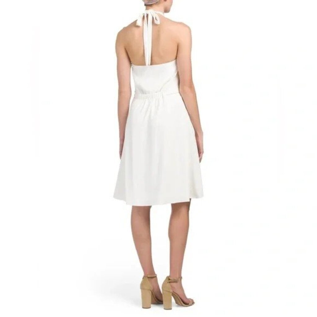 Theory Nayline Ivory Elevate Crepe Belted Halter Dress