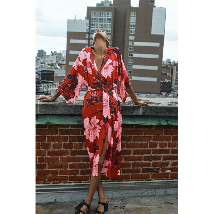 Zara NWT Floral Red Print Wrap Dress - Size XL