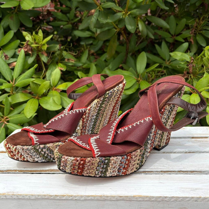 Isabella Fiore Embroidered Leather Wedge Sandals - Size 10