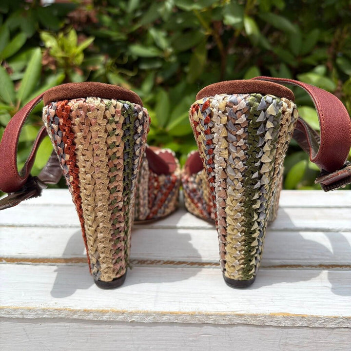 Isabella Fiore Embroidered Leather Wedge Sandals - Size 10